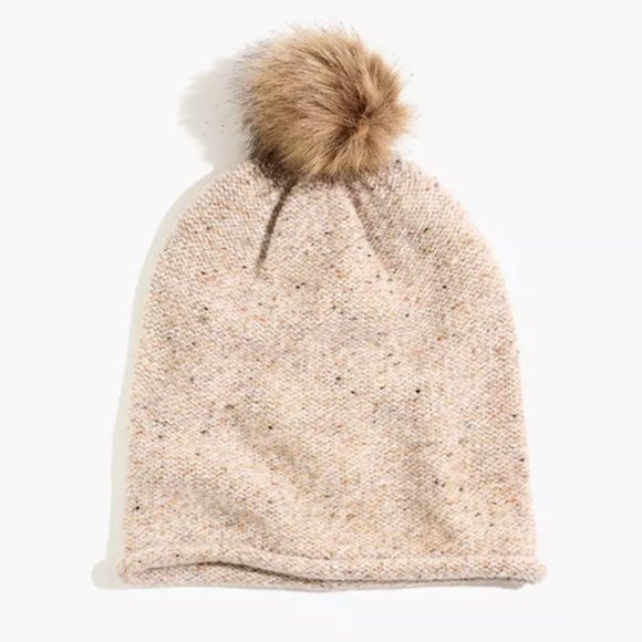 NWOT Madewell Faux-Fur Lambswool Pom-Pom Oatmeal Speckled Beanie Toboggan Touque - Picture 1 of 5